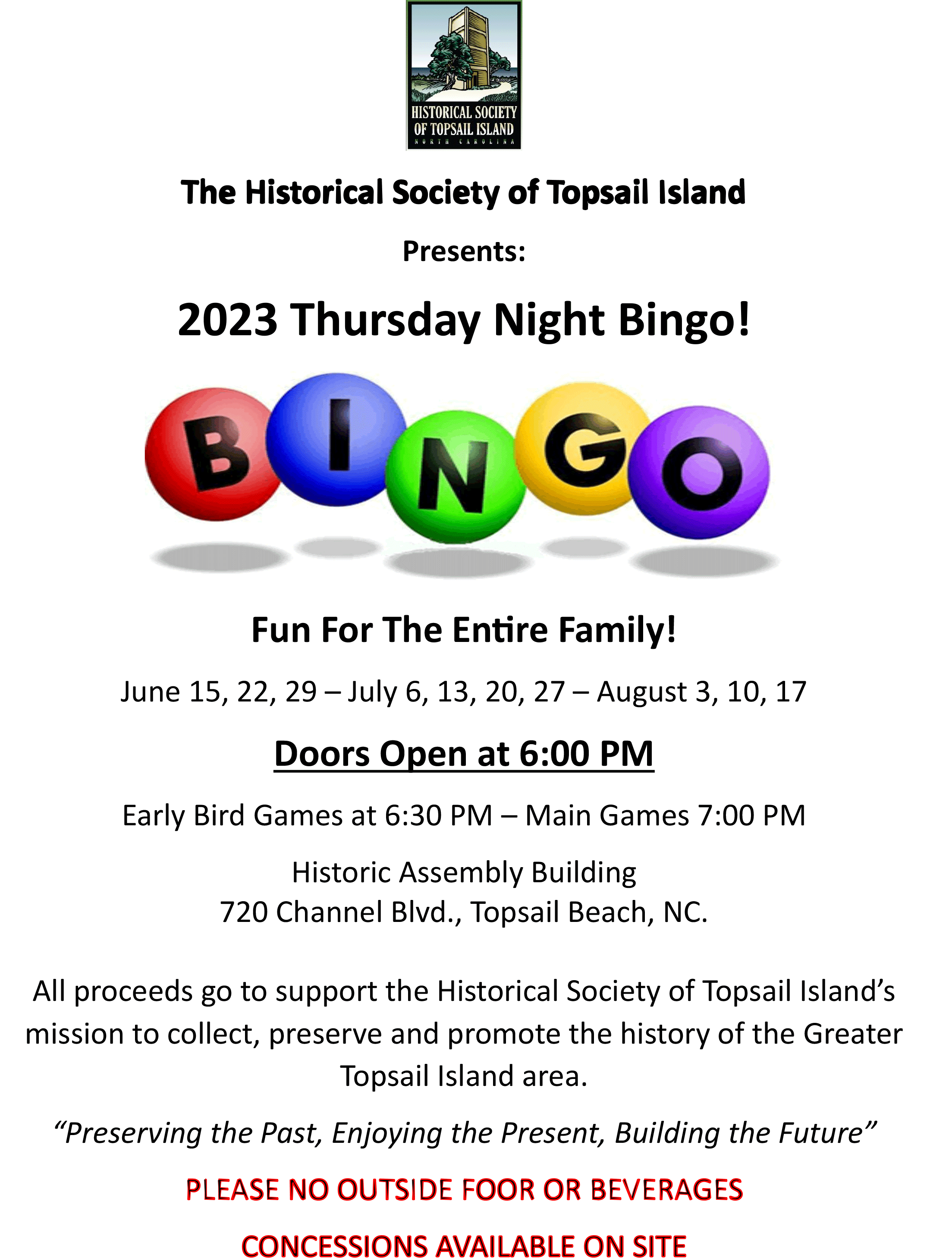 Topsail Historical Society of Topsail Island presents 2023 Thursday Night Bingo