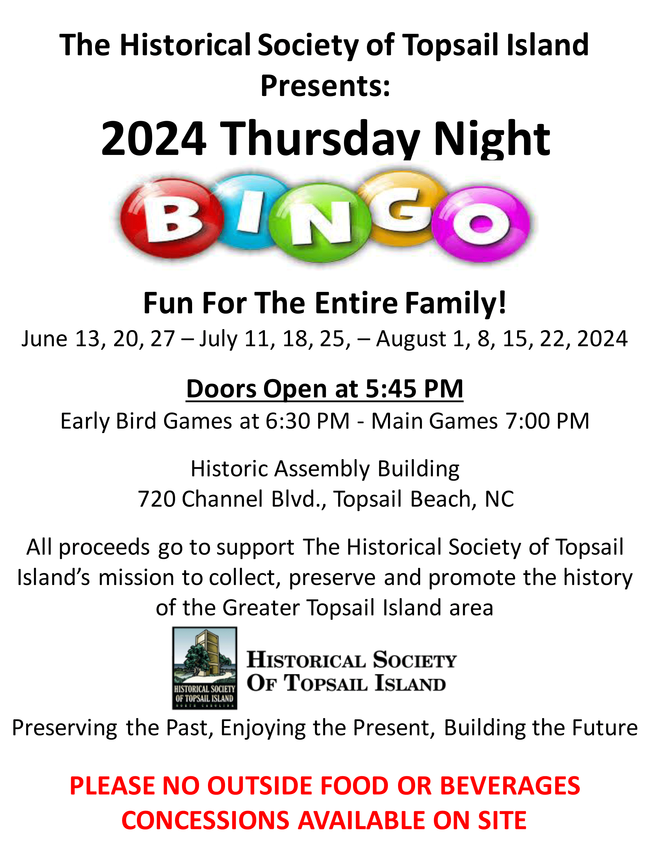 Topsail Historical Society of Topsail Island presents 2024 Thursday Night Bingo