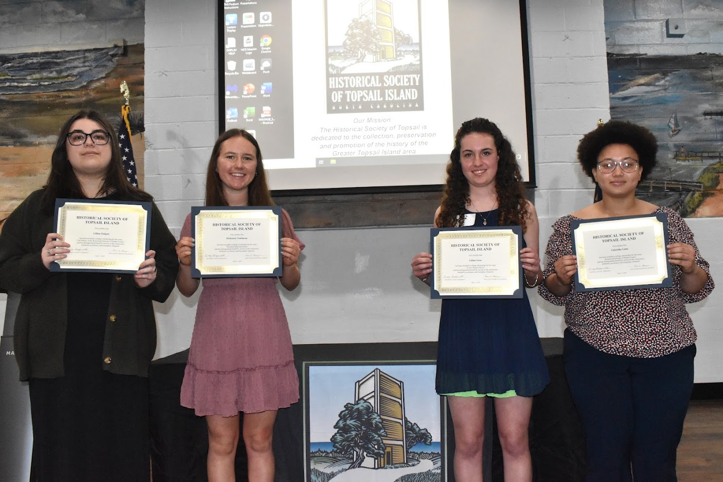 Historical Society of Topsail Island 2024 Scholarship Recipients: Lillian Padgett, McKenzie Tomlinson, Lillian Swan, and Gabriella Colón | Photo credit: Stephanie Key, Tourism Assistant, Pender County Tourism