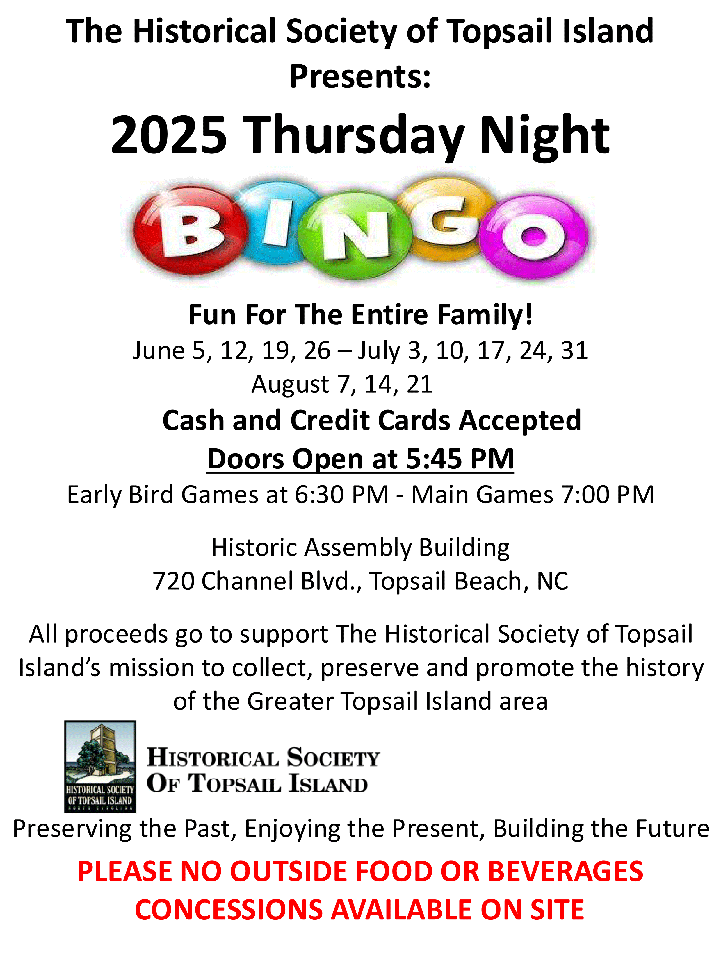 Topsail Historical Society of Topsail Island presents 2024 Thursday Night Bingo